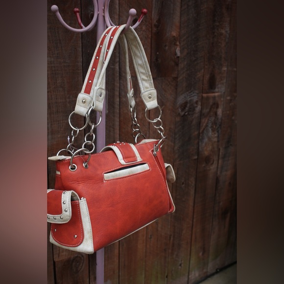 Orange and Turquoise Studded Accented Western Style Satchel Handbag - Picture 5 of 16